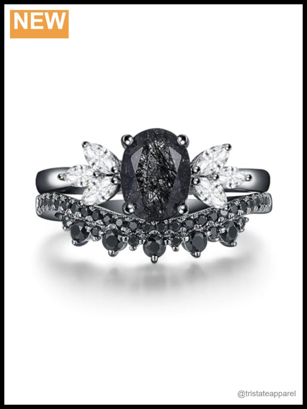 925 Sterling Silver Black Gold Plated Bridal Wedding Rings Set with Rutilated